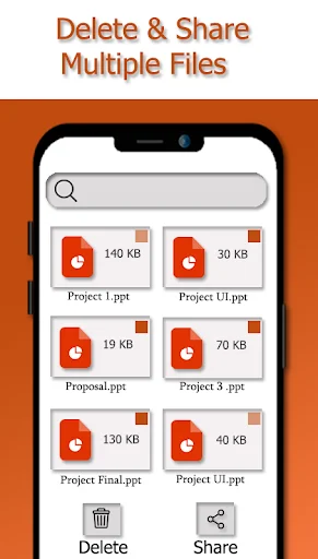 File manager showing multiple PowerPoint files with sizes, delete button, and share button for batch management