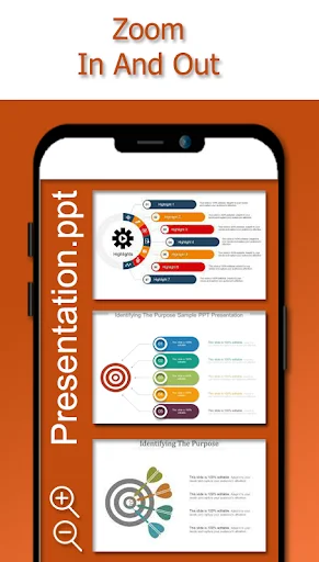 PPT slide viewer with zoom controls displaying multiple presentation slides for magnified content viewing