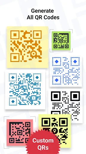 Gallery of diverse QR code designs in multiple colors and styles including custom QR codes with customization options