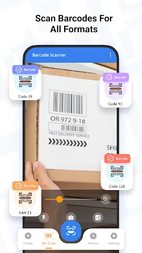 Barcode Scanner interface showing barcode scanning capability with hand holding delivery box displaying multiple barcode format types
