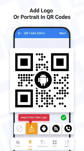 QR Code Editor with logo insertion feature showing Android icon embedded in center of black and white QR code pattern