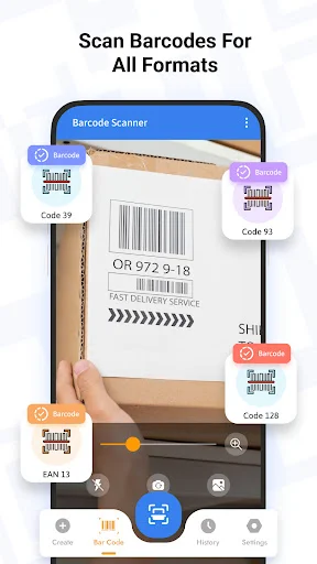 Barcode scanner interface with camera detecting multiple barcode formats including Code 39, Code 93, and EAN 13