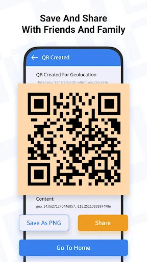 Generated QR code result with save as PNG and share options for contacts and social media