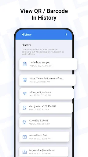 History view displaying list of previously created and scanned QR codes and barcodes with dates