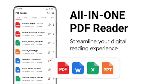 Mobile app showing PDF Reader file list interface with documents; icons for PDF, Word, Excel, PPT file format support