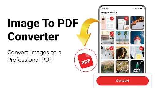 Image To PDF Converter feature displaying image selection grid with conversion arrow pointing to PDF output and Convert button