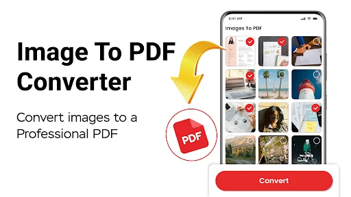 Image to PDF converter showing grid of images with arrow pointing to PDF icon and red Convert button for professional conversion
