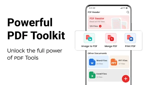 PDF Reader app interface displaying toolkit features: Image to PDF, Merge PDF, Print PDF, plus Word, PPT, Excel file support