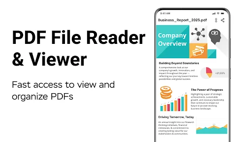 PDF file reader displaying open Business Report document with colorful charts, company overview, and dashboard content