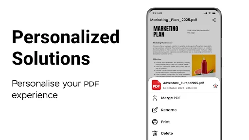Personalized PDF solutions showing Marketing Plan document open with action menu options: Merge, Rename, Print, Delete functions
