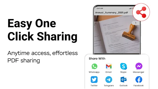 PDF sharing interface with Annual Summary document and social sharing options: WhatsApp, Gmail, Skype, Messenger, Twitter, Telegram, Outlook, Facebook
