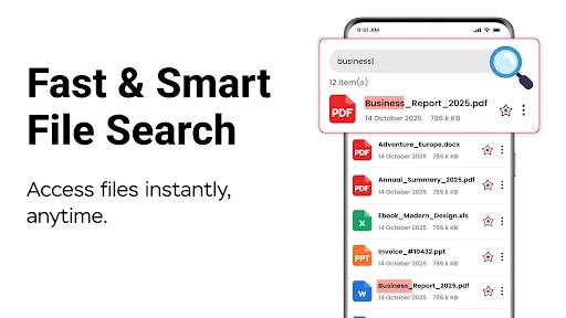 Smart PDF file search interface displaying searchable document list with Business Report, Adventure file, Annual Summary, Ebook, Invoice files visible