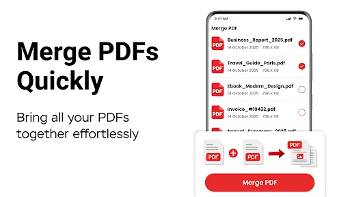 Merge PDF feature showing multiple selected PDF documents with visual merge process arrows and red Merge PDF button to combine files