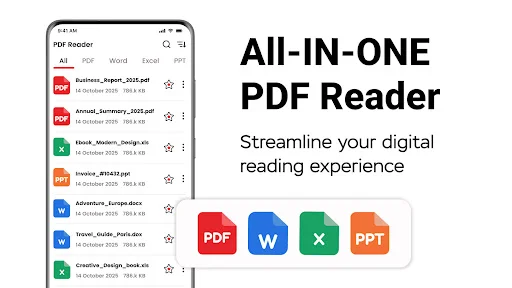 All-IN-ONE PDF Reader app interface showing file list with PDF, Word, Excel, and PPT document tabs for streamlined digital reading experience