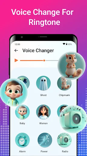 Voice Change For Ringtone showing character-based voice effects selection with Ghost, Chipmunk, Baby, Woman, Alarm, Power, and Radio voice options