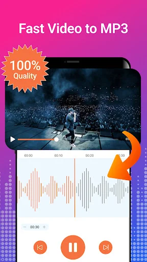 Fast Video to MP3 conversion screen with video preview, 100% quality guarantee badge, audio waveform extraction, and media control buttons