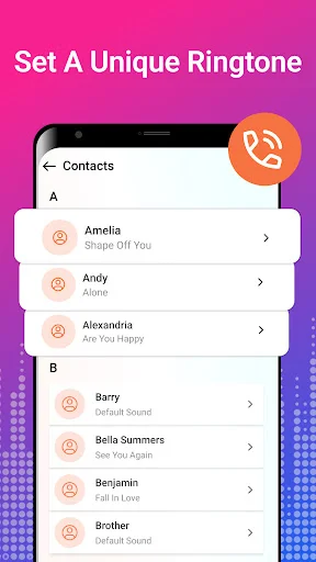 Set A Unique Ringtone page showing alphabetical contacts list with individual ringtone assignments and quick access for customization