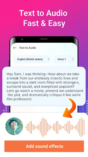 Text to Audio Fast & Easy conversion with English language support, voice selection, sample text input, audio waveform visualization, and effects button