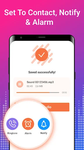 Set To Contact, Notify & Alarm success dialog showing saved audio file details with quick action buttons for ringtone, alarm, and notification assignment