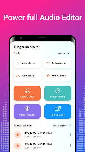 Power full Audio Editor tools menu featuring quick access to Audio Merger, Volume adjustment, Speed control, Audio conversion, and other editing features