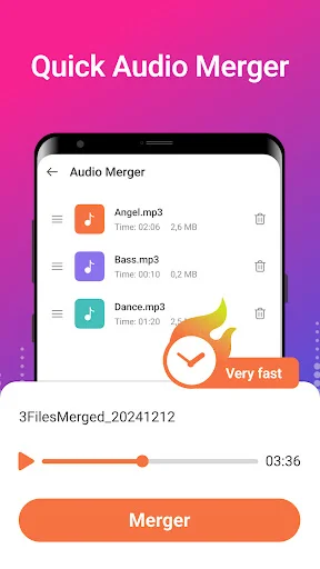 Quick Audio Merger showing merged audio files list with individual file details, merge preview waveform, total duration, and merger action button