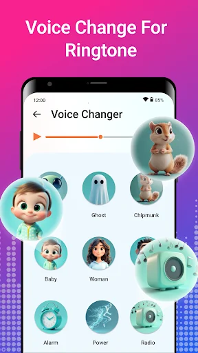 Voice changer with multiple effects including ghost, chipmunk, baby, woman, alarm, power, and radio for ringtones