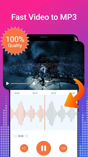 Video to MP3 converter with video preview, timeline scrubber, waveform display, and 100% quality badge for extraction