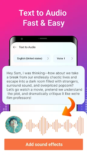 Text-to-audio converter with language selection, text input, speaker profile, waveform visualization, and sound effects
