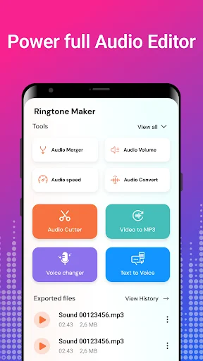 Audio editor tools menu displaying audio merger, volume control, speed adjustment, format converter, and cutter functions