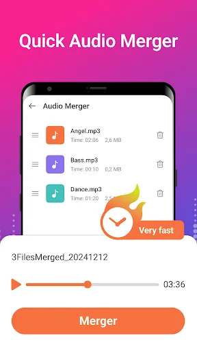Audio merger tool listing multiple music files to combine with file duration and size information and merge button