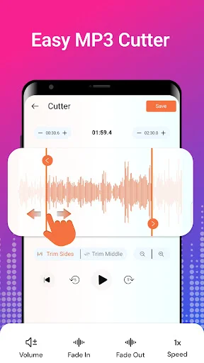 Easy MP3 Cutter tool displaying music waveform with interactive time markers, trim slide controls, middle trim option, and audio playback effects