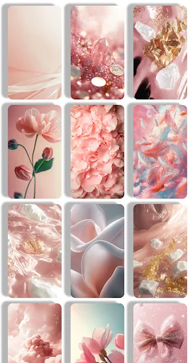 Rose Gold Wallpaper app grid of 12 floral, glitter, and abstract designs in pink and gold for phone personalization