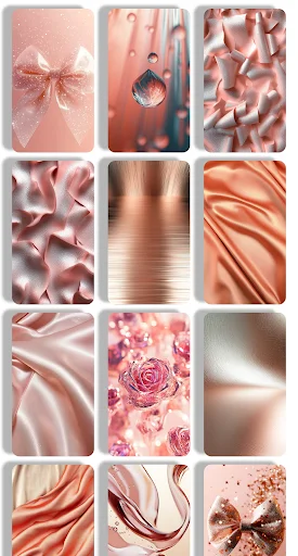 Rose Gold Wallpaper selection of 12 aesthetic designs with bows, metallic textures, satin finishes, and floral patterns