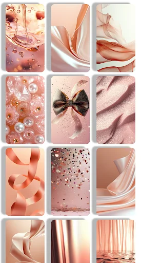 Rose Gold Wallpaper collection of 12 designs featuring abstract patterns, bows, pearls, confetti, and flowing textures