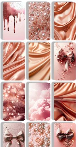 Rose Gold Wallpaper gallery with 12 designs featuring metallic roses, drip effects, satin textures, sparkles, and bows