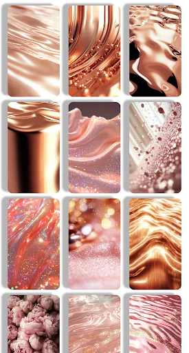 Rose Gold Wallpaper selection with 12 designs featuring metallic ribbons, floral patterns, bokeh, and shimmering textures