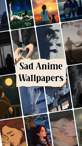 Sad Anime Wallpapers app home screen with collage grid of emotional HD anime character images and heartbreak designs