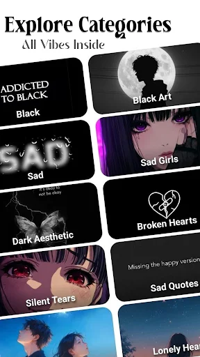 Explore Categories screen with mood-based sad anime wallpaper categories: Sad, Broken Hearts, Silent Tears, Dark Aesthetic