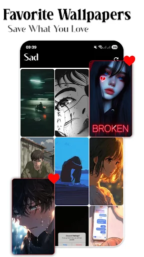 Favorite Wallpapers section with heart icons for saving sad anime wallpapers displayed in mobile phone grid layout