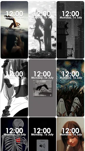 Sad anime wallpaper preview grid showing various emotional designs with time and date displays for lock and home screens