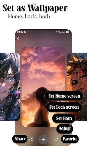 Set as Wallpaper feature with sad anime silhouette against sunset offering options to set home screen, lock, or both