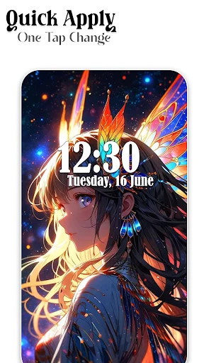 Quick Apply feature showing vibrant glowing sad anime character wallpaper with time display for one-tap application