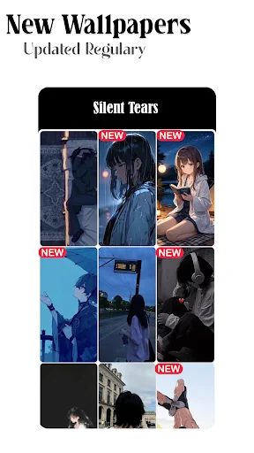 New Wallpapers section displaying recently added sad anime designs in Silent Tears category with new release badges