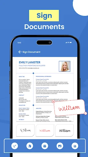 Sign Documents screen in Signature Maker app displaying professional CV template with multiple digital signature style options