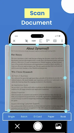 Scan Document feature showing document capture interface with editing toolbar and document type categorization options
