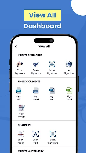Dashboard view showing all signature creation methods, document signing formats, and scanning features for digital signatures