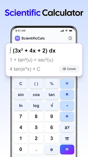 Scientific Calculator solving integral equation ∫(3x²+4x+2)dx with trigonometric and logarithmic functions