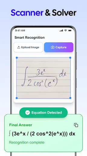 Smart equation scanner recognizing handwritten math 3e^x/(2cos(e^x)) with optical recognition and detailed solution