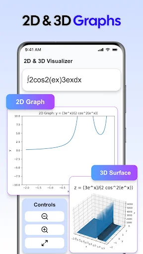 2D and 3D graph visualizer plotting mathematical functions with interactive zoom controls and 3D surface rendering