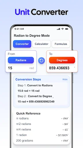 Unit converter transforming 15 radians to 859.436693 degrees displaying step-by-step conversion and radian reference